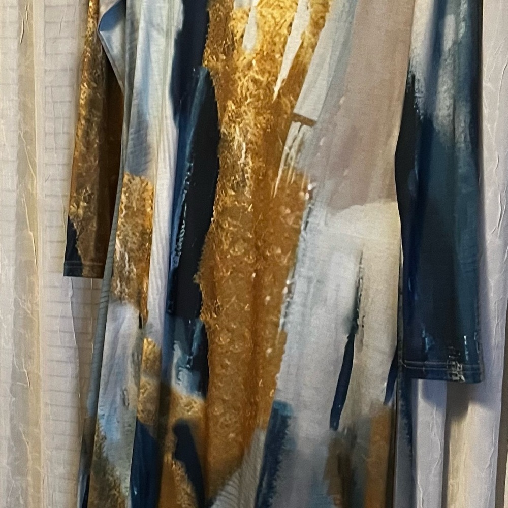 Gold and Blue Bodycon Dress with Long Sleeves and Mock Neck for Cocktail